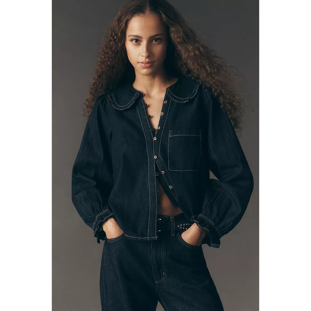 Anthropologie Pilcro The Keira Denim Blouse Small Ruffle Collar Button Front Top